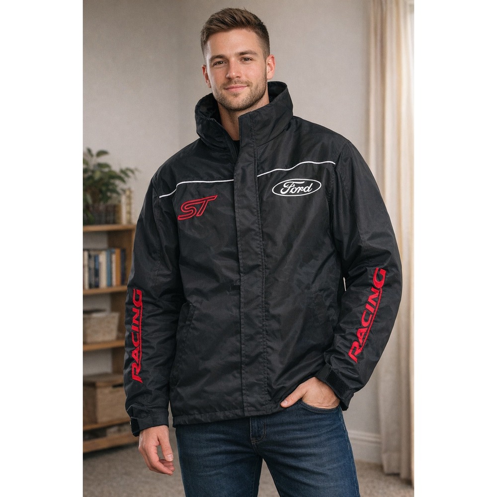 Ford Racing ST Jacket Mens Large Black Windbreaker Embroidered Logo Zip Up L